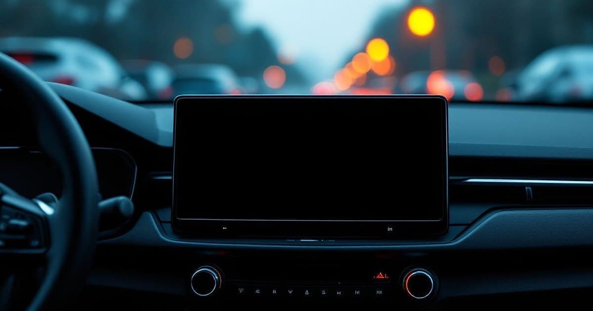 Painel de carro com uma central multimídia de tela grande apagada no console, volante à esquerda e trânsito desfocado pelo para-brisa