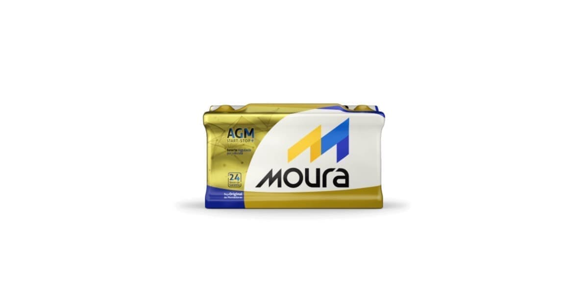 Bateria automotiva AGM da linha Moura, imagem oficial do fabricante sobre fundo branco