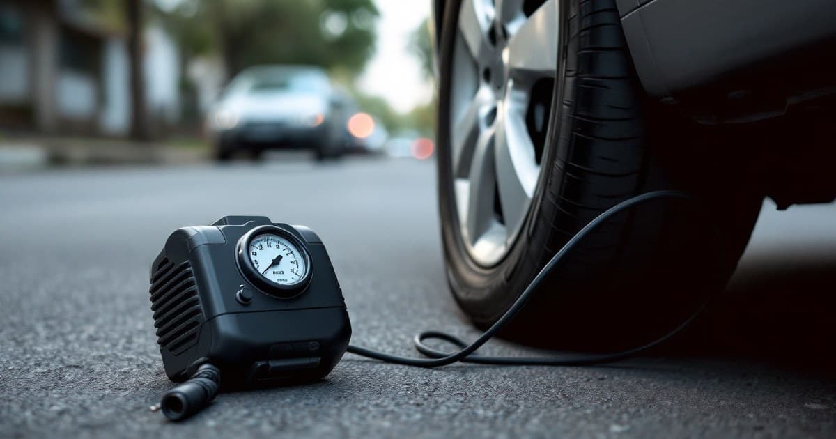 Compressor portátil de pneu, preto e sem marca, no asfalto ao lado da roda de um carro, com a mangueira voltada para a válvula