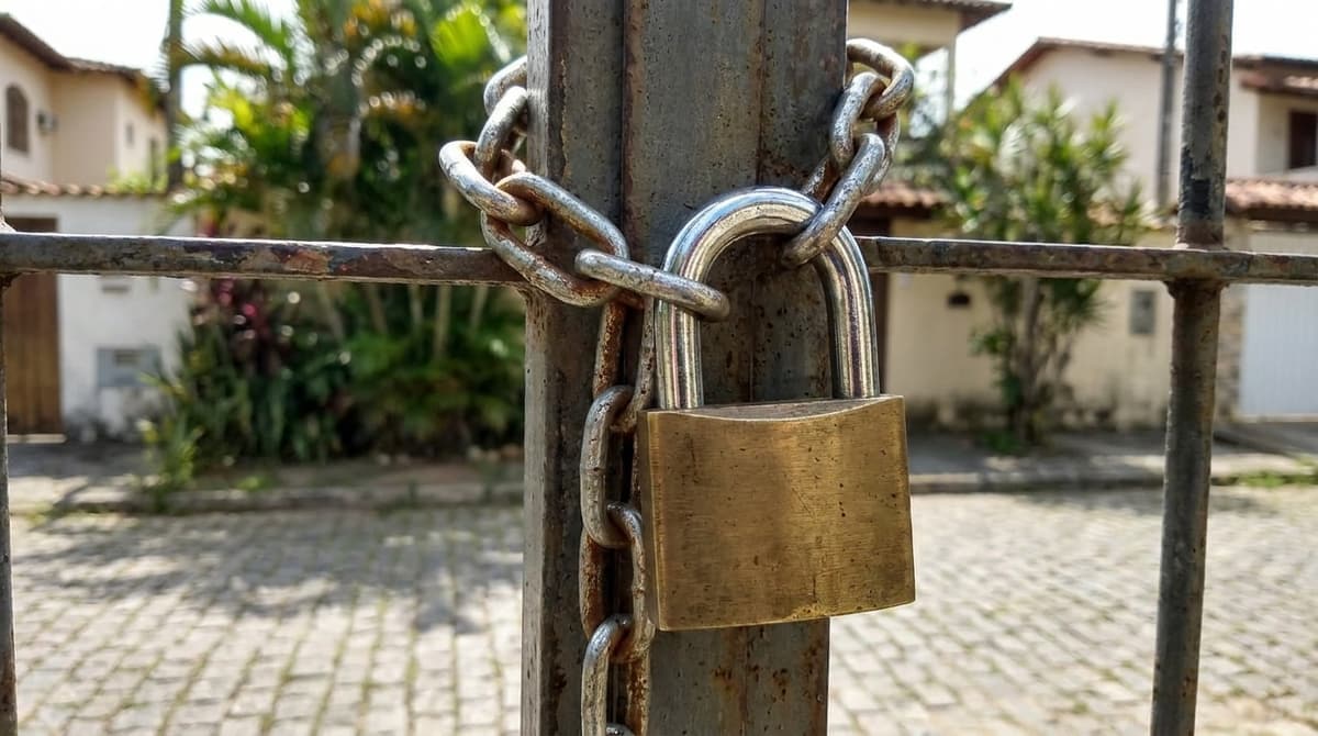 Cadeado de latão com haste de aço fechando uma corrente em portão de ferro residencial