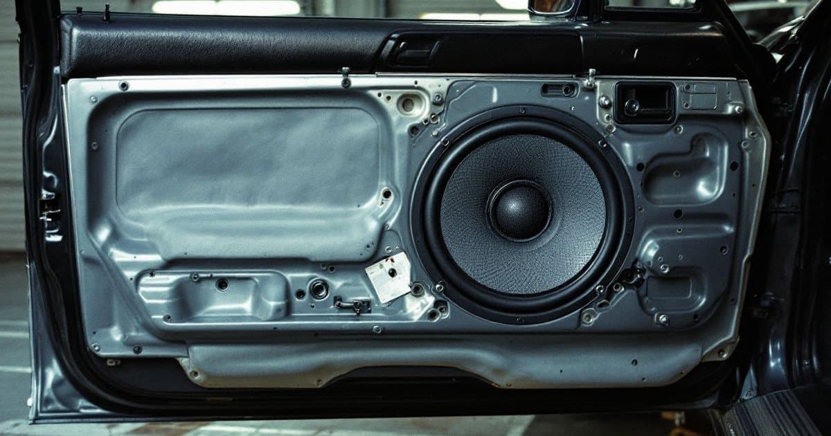 Porta de carro sem o forro interno, com um alto-falante coaxial redondo à mostra na chapa