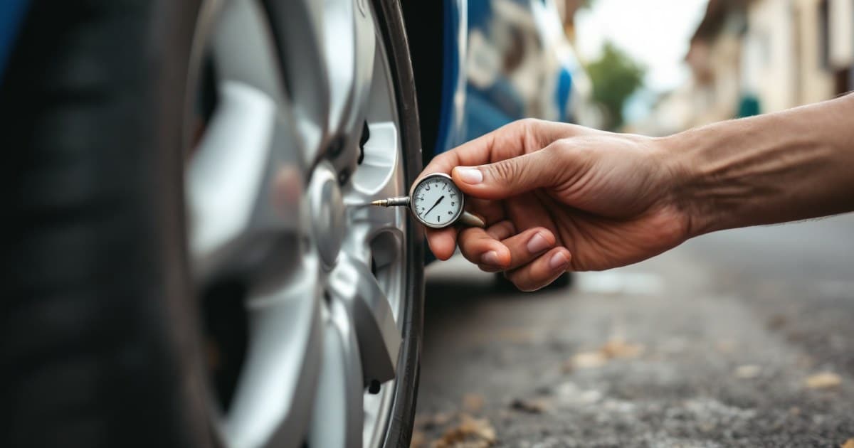Mão segurando um calibrador de pneu encaixado na válvula de uma roda de carro, na rua, com o mostrador sem números legíveis
