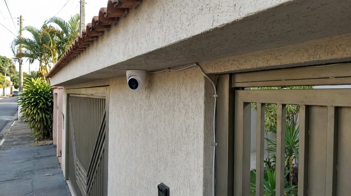 Câmera de segurança Wi-Fi tipo dome instalada sob o beiral da fachada de uma casa, ao lado do portão, com o cabo preso na parede