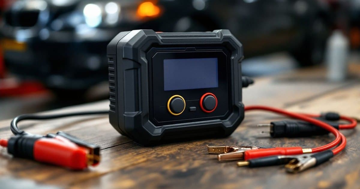Carregador de bateria portátil preto, sem marca, com visor apagado e dois botões, sobre bancada de madeira, com os cabos das garras vermelha e preta ao lado
