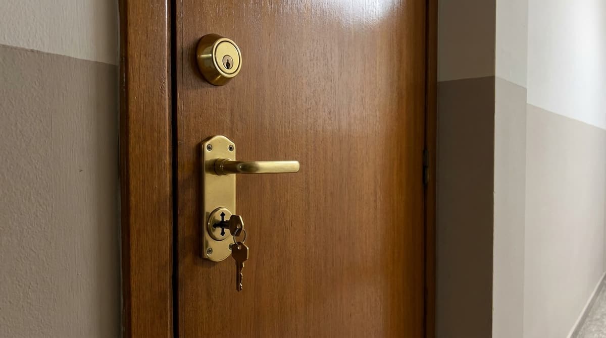 Porta de entrada residencial de madeira com fechadura tetra e trava auxiliar, vista do corredor