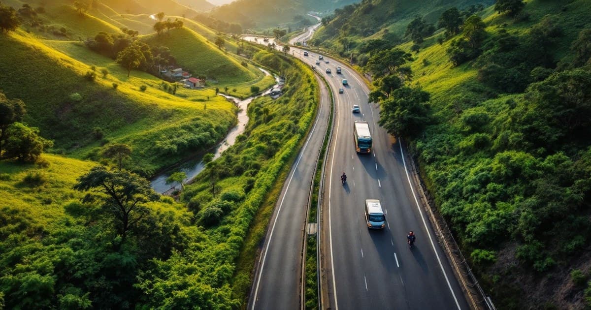 Vista aérea de uma rodovia entre morros verdes, com caminhão, ônibus, moto e carros pequenos na pista