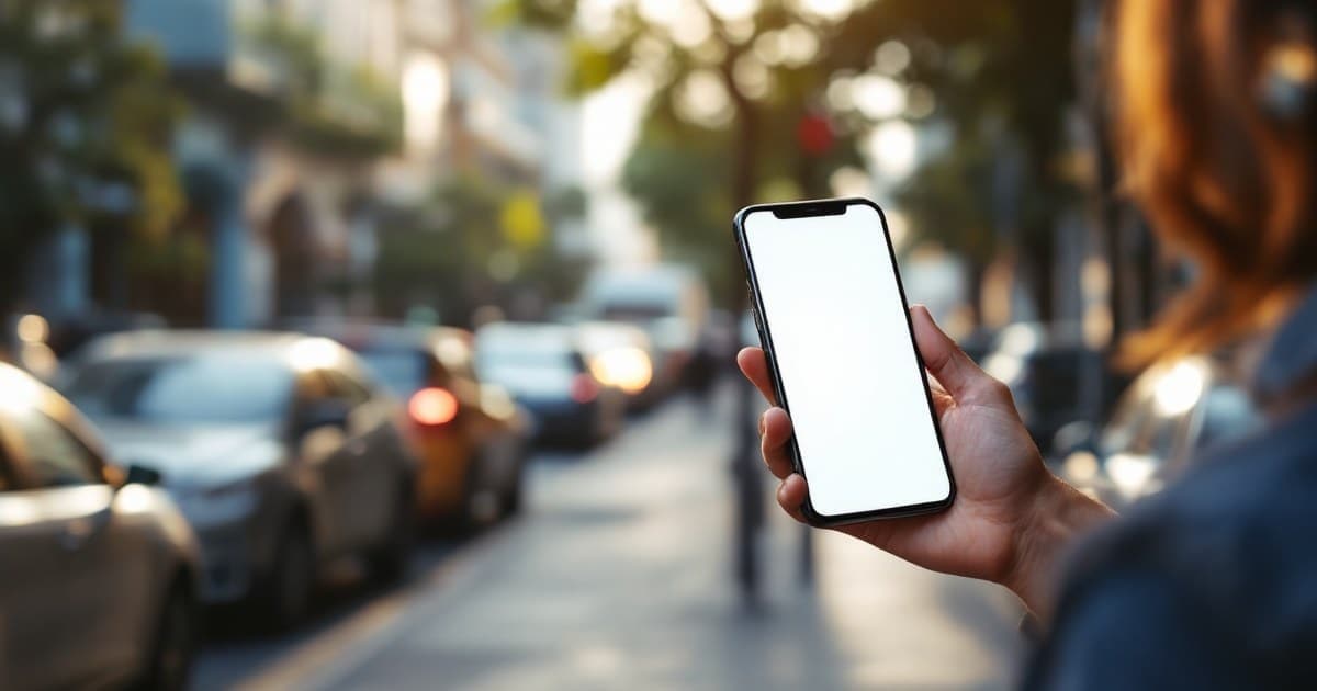 Pessoa na calçada segurando um celular com a tela voltada para si, com carros estacionados ao fundo