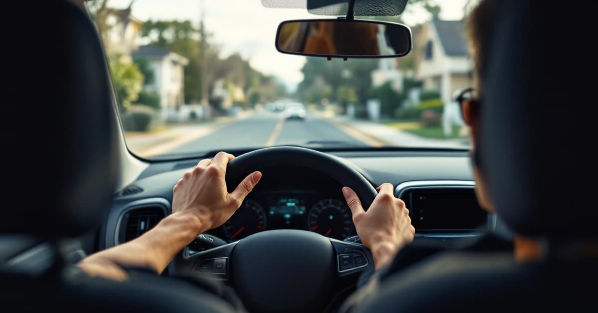 Motorista jovem ao volante de um carro compacto, visto do banco do passageiro, em uma rua residencial
