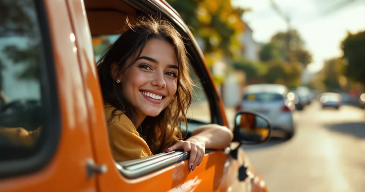 Mulher jovem sorrindo ao volante de um hatch laranja parado em uma rua tranquila, com a janela aberta