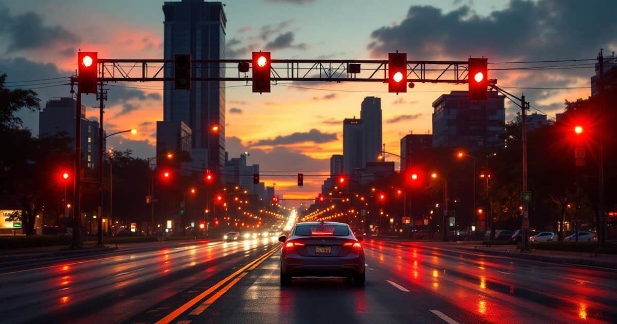 Semáforos vermelhos sobre uma avenida de São Paulo ao anoitecer, com um carro parado e o asfalto molhado