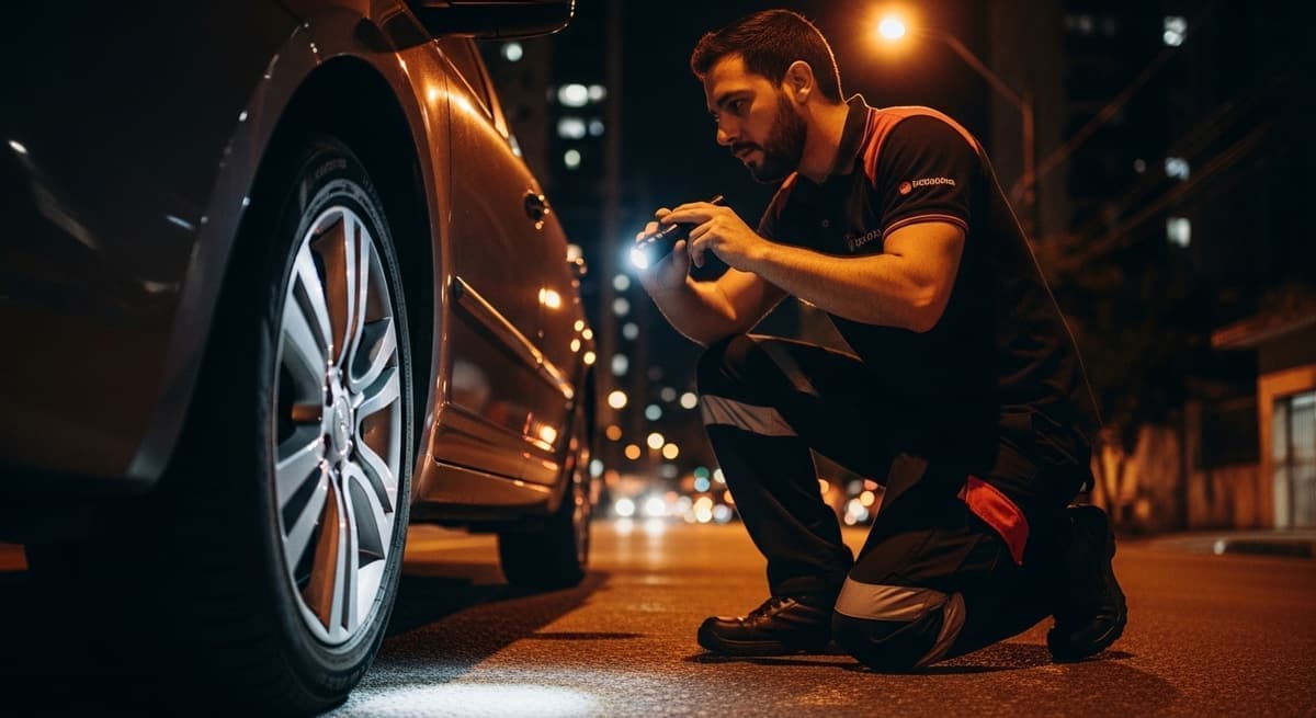 Socorrista agachado junto à roda dianteira de um carro à noite, iluminando a roda com uma lanterna