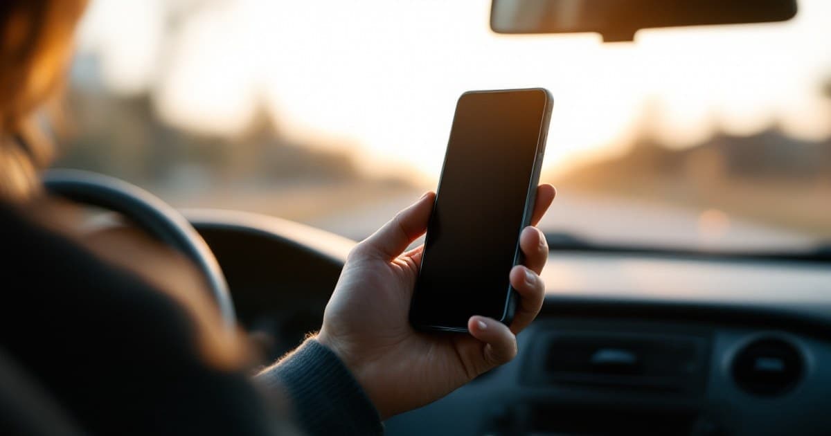 Mão segurando um celular com a tela apagada dentro de um carro parado, com o painel desfocado