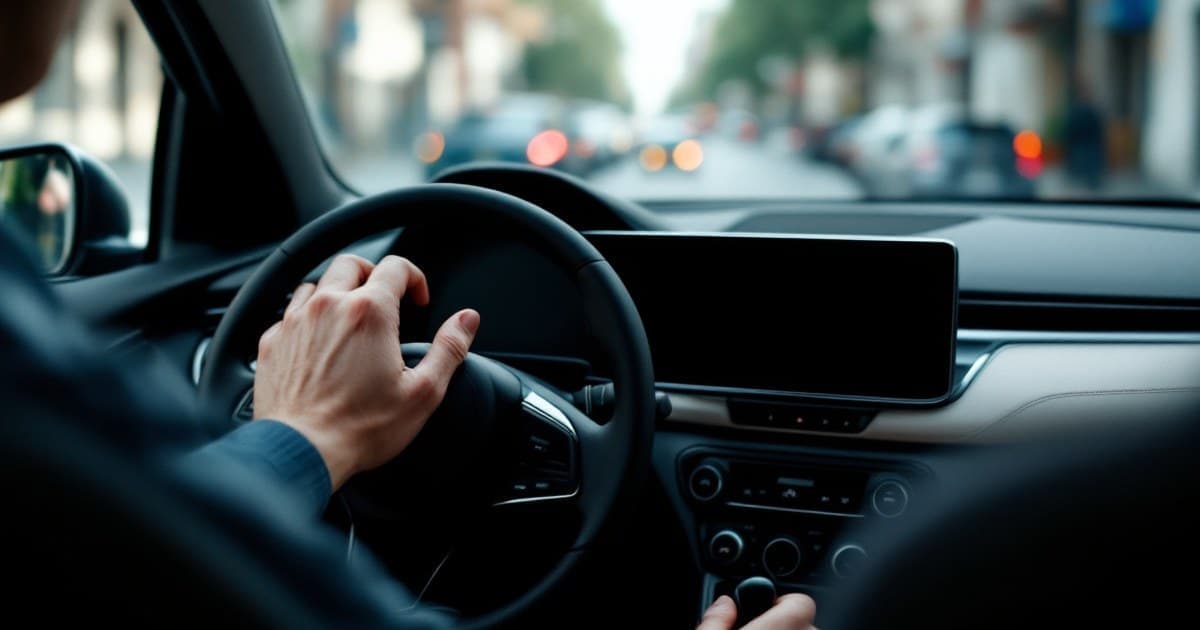 Mãos de um motorista no volante de um carro compacto, com a tela central desligada e a rua ao fundo desfocada