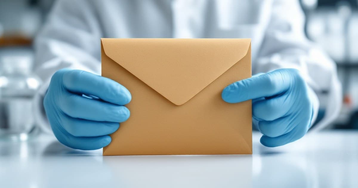 Mãos de um técnico de laboratório, com luvas azuis, segurando um envelope pardo fechado sobre uma bancada branca