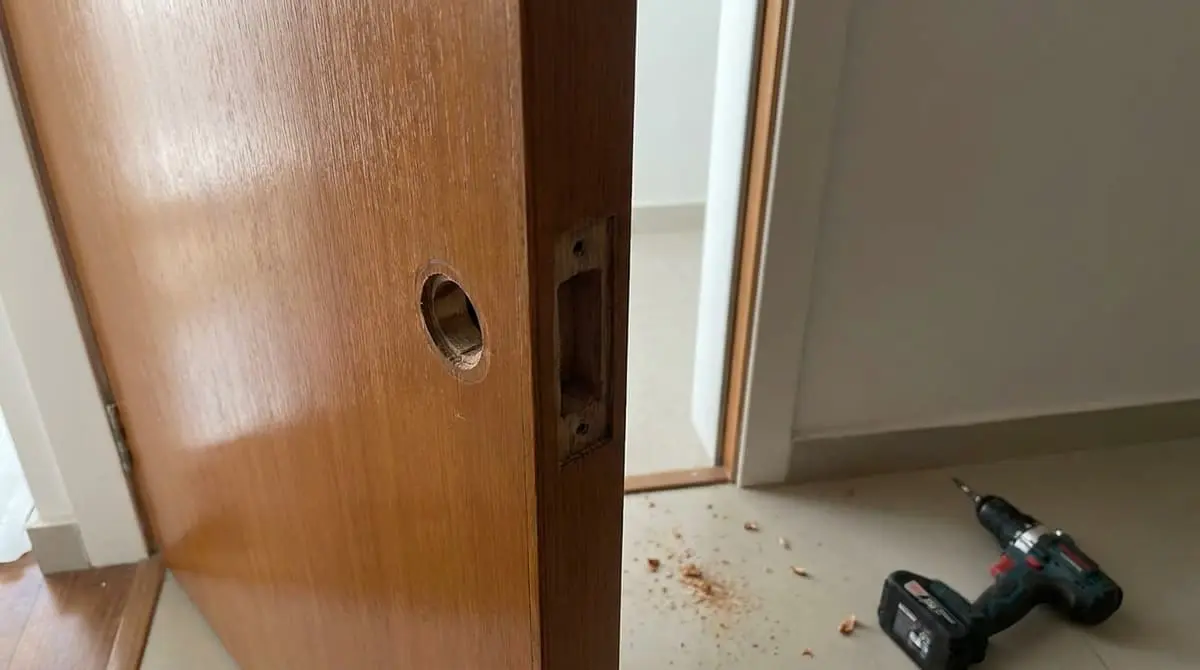 Porta de madeira com a fechadura antiga removida: o rasgo na borda e o furo do cilindro à mostra, furadeira no chão