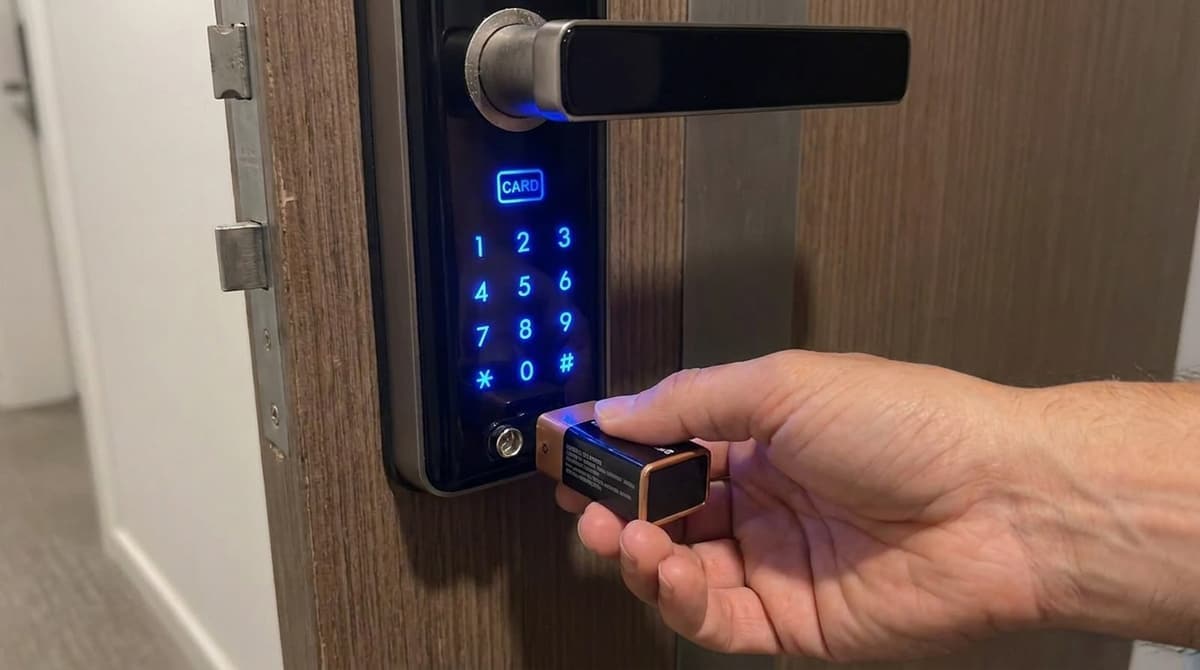 Mão encostando uma bateria de 9 volts nos contatos de uma fechadura digital com o teclado aceso, em porta de madeira