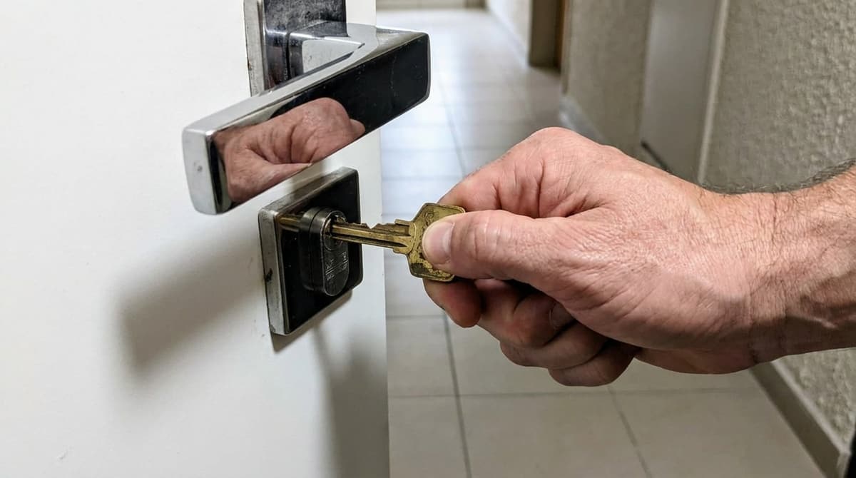 Chave inserida em fechadura de porta residencial branca, travada, com a mão de quem tenta girar