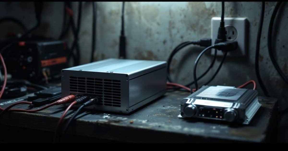 Fonte metálica prateada com grade de ventilação sobre uma bancada escura, ligada por cabos vermelhos e pretos, ao lado de um pequeno módulo e da tomada na parede
