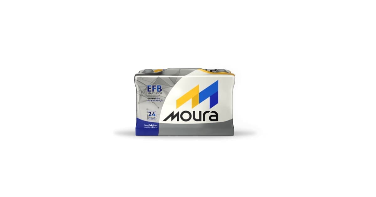 Bateria automotiva Moura da linha EFB, foto oficial de produto, vista frontal sobre fundo branco, com o selo de garantia impresso no rótulo