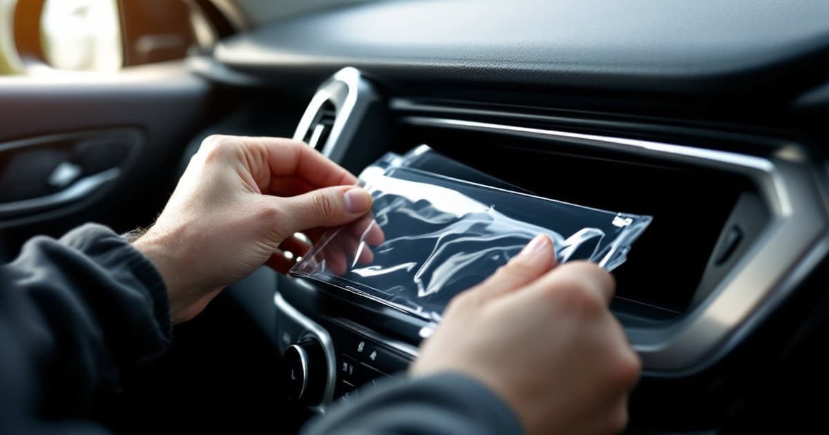 Mão guardando uma capa plástica transparente no painel de um carro