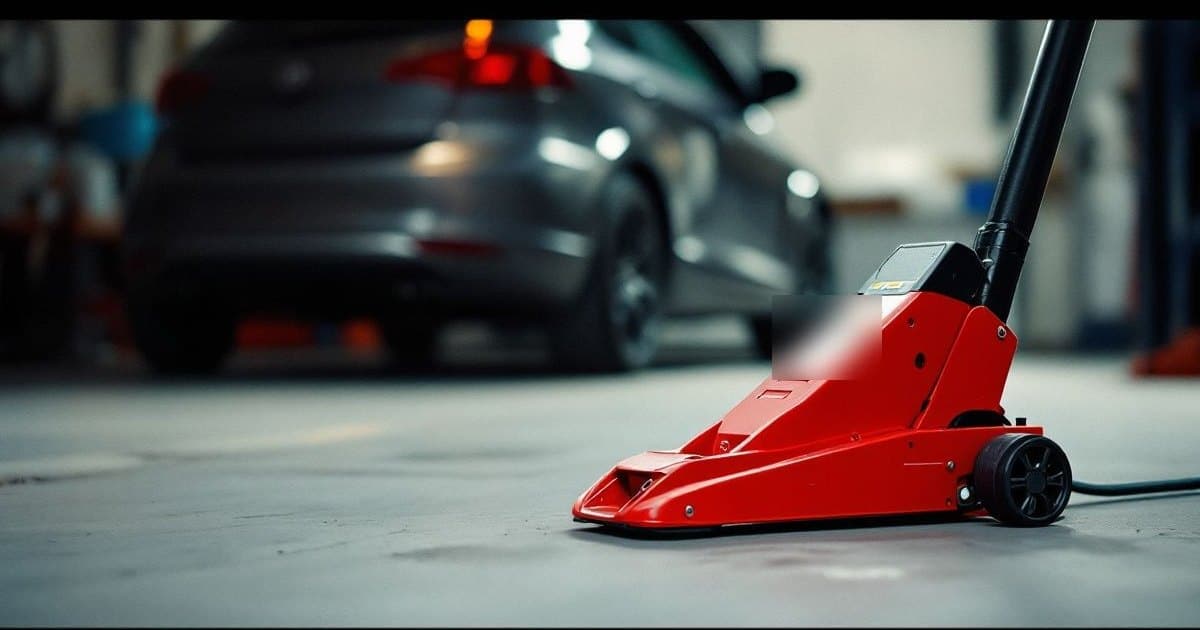 Macaco hidráulico tipo jacaré, vermelho e sem marca, no piso de concreto de uma garagem, com um carro hatch desfocado ao fundo
