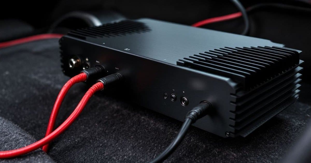 Módulo amplificador preto, aletado e sem marca, sobre o carpete do porta-malas, com os cabos vermelho e preto ligados