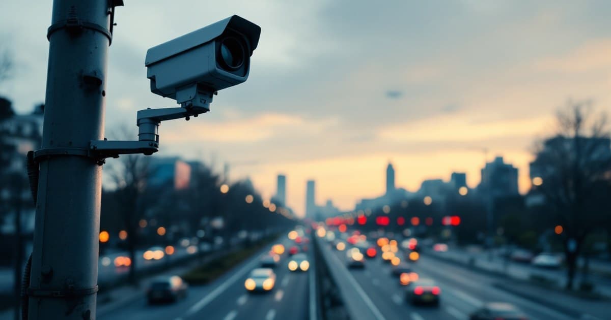Radar de velocidade em um poste cinza ao lado de uma avenida urbana ao entardecer, com carros desfocados