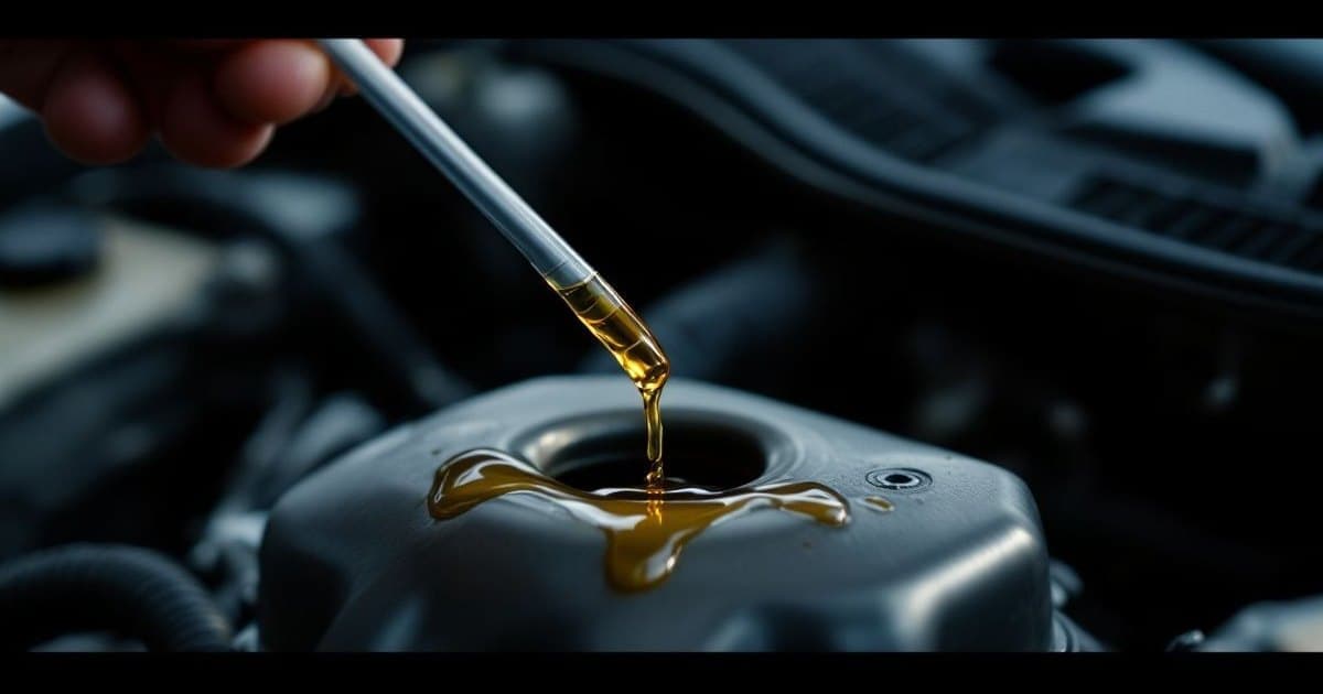 Vareta de óleo sendo puxada do motor de um carro com o capô aberto, com óleo dourado na ponta e nenhuma marca visível