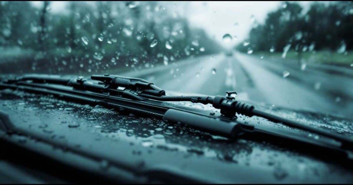 Palheta plana de limpador sobre o para-brisa molhado, com gotas de chuva no vidro e a estrada desfocada ao fundo