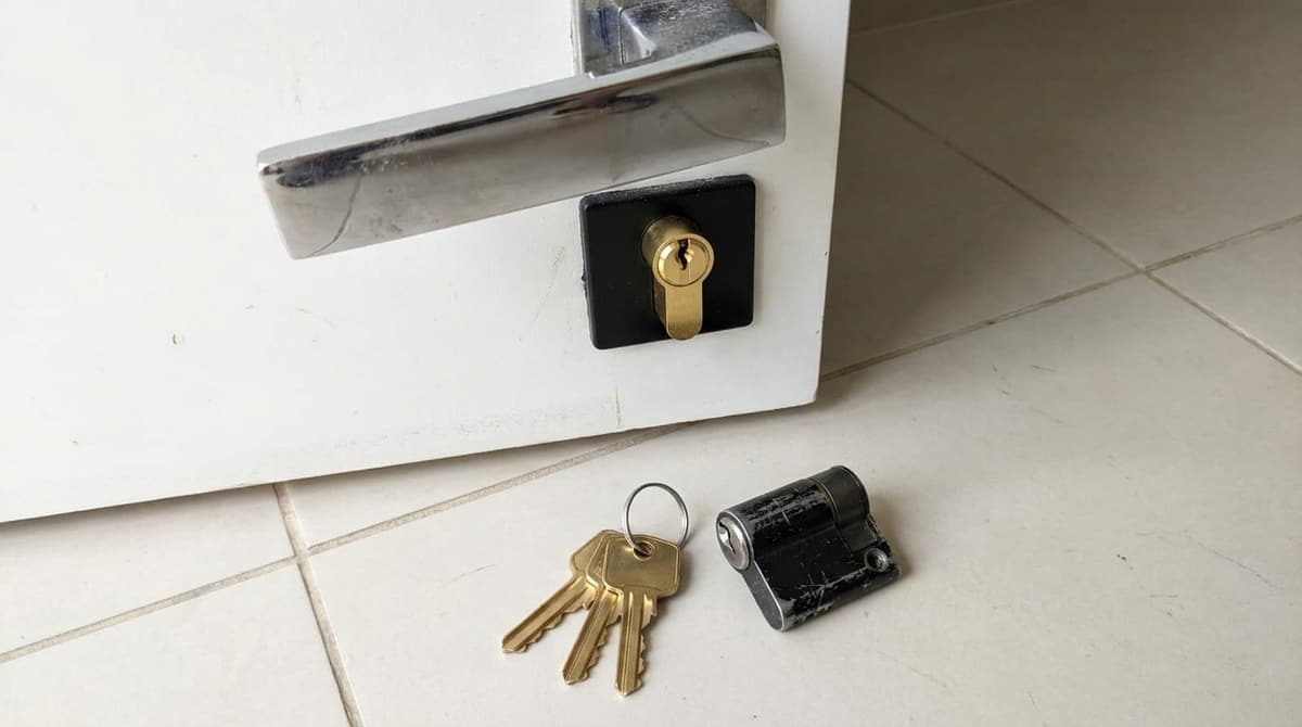 Miolo novo instalado em porta residencial branca, com três chaves novas e o miolo antigo no chão