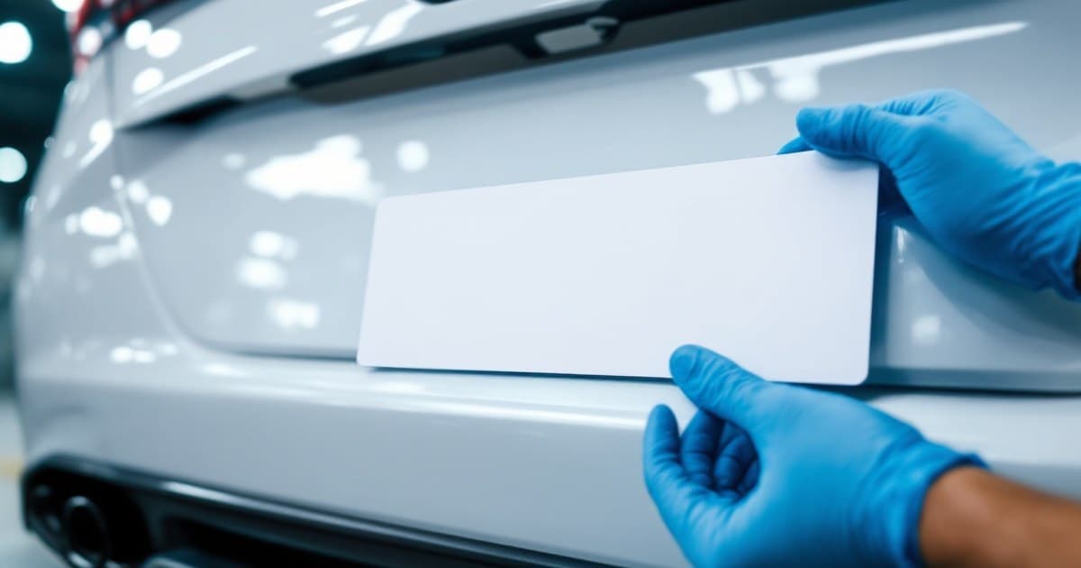 Mãos com luvas azuis fixando uma placa branca em branco no para-choque traseiro de um carro branco, em uma oficina