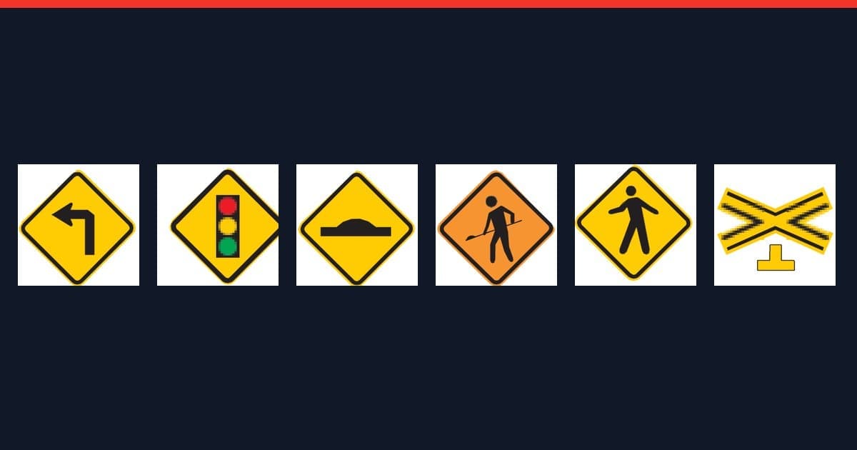 Seis placas de advertência do manual oficial sobre fundo escuro: curva acentuada à esquerda, semáforo à frente, lombada, obras, trânsito de pedestres e cruz de Santo André