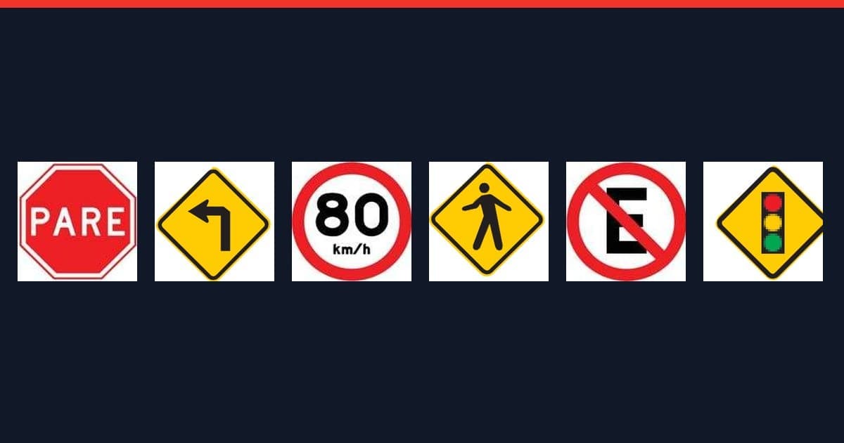 Seis placas oficiais do Manual Brasileiro de Sinalização sobre fundo escuro: parada obrigatória, curva à esquerda, velocidade máxima, trânsito de pedestres, proibido estacionar e semáforo à frente