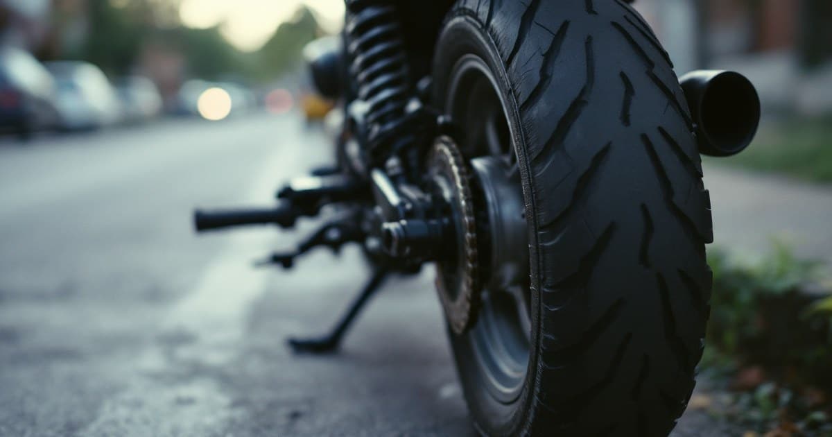Roda traseira de uma moto de baixa cilindrada parada na rua, com o pneu e a corrente em foco e a lateral sem texto legível