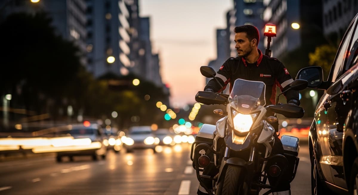 Socorrista de moto, com sinalizador no capacete, parado ao lado de um carro numa avenida de São Paulo ao entardecer