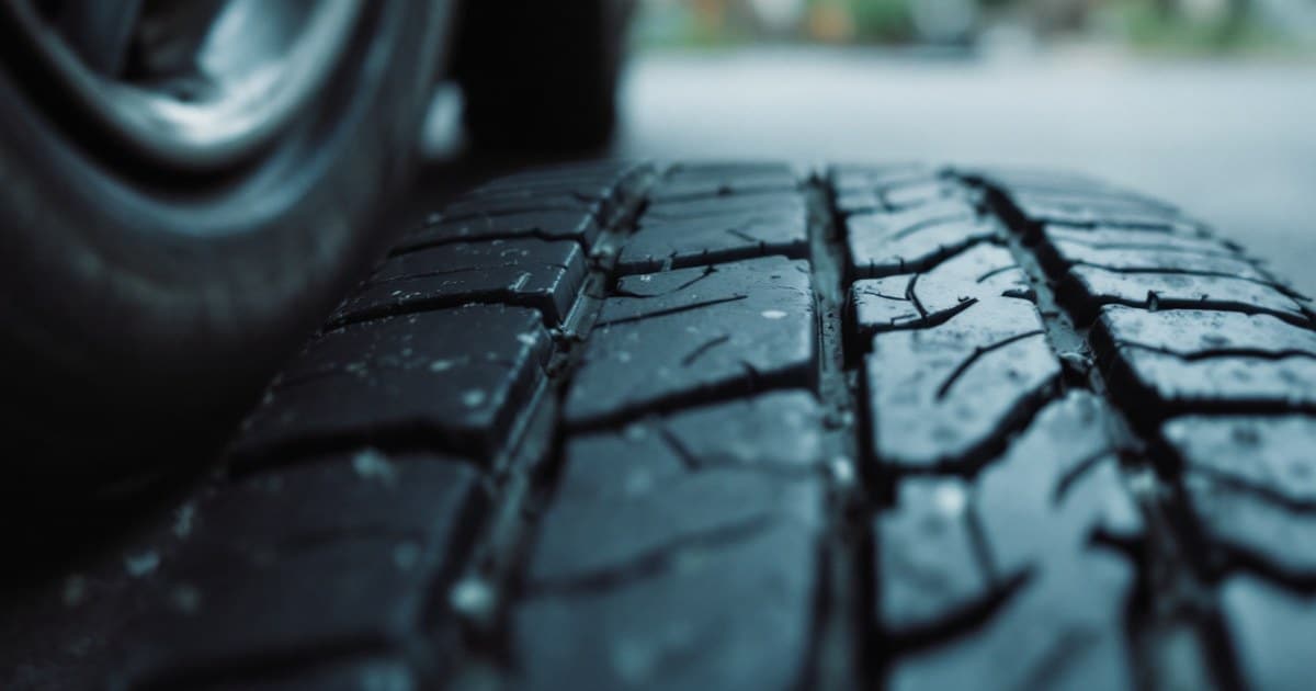 Banda de rodagem de um pneu de carro vista de perto, com os sulcos em foco e a roda desfocada ao fundo, sem texto legível