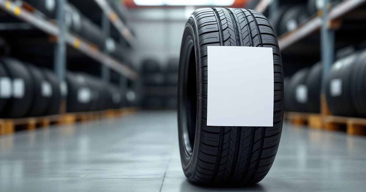 Pneu de carro novo em pé numa loja, com uma etiqueta adesiva em branco colada na banda de rodagem, sem texto legível