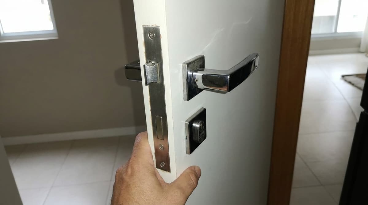 Porta residencial branca entreaberta, vista do corredor, com a borda da porta, a lingueta e a contra-fechadura no marco à mostra