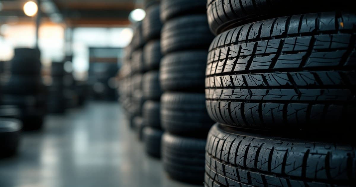 Pilha de pneus novos de carro em uma loja, vistos de lado, com a banda de rodagem em primeiro plano e sem marca legível