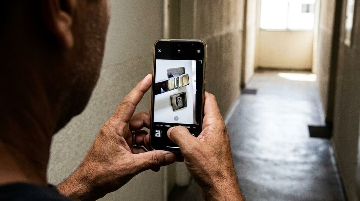 Pessoa fotografando com o celular a fechadura de uma porta residencial branca para pedir o orçamento