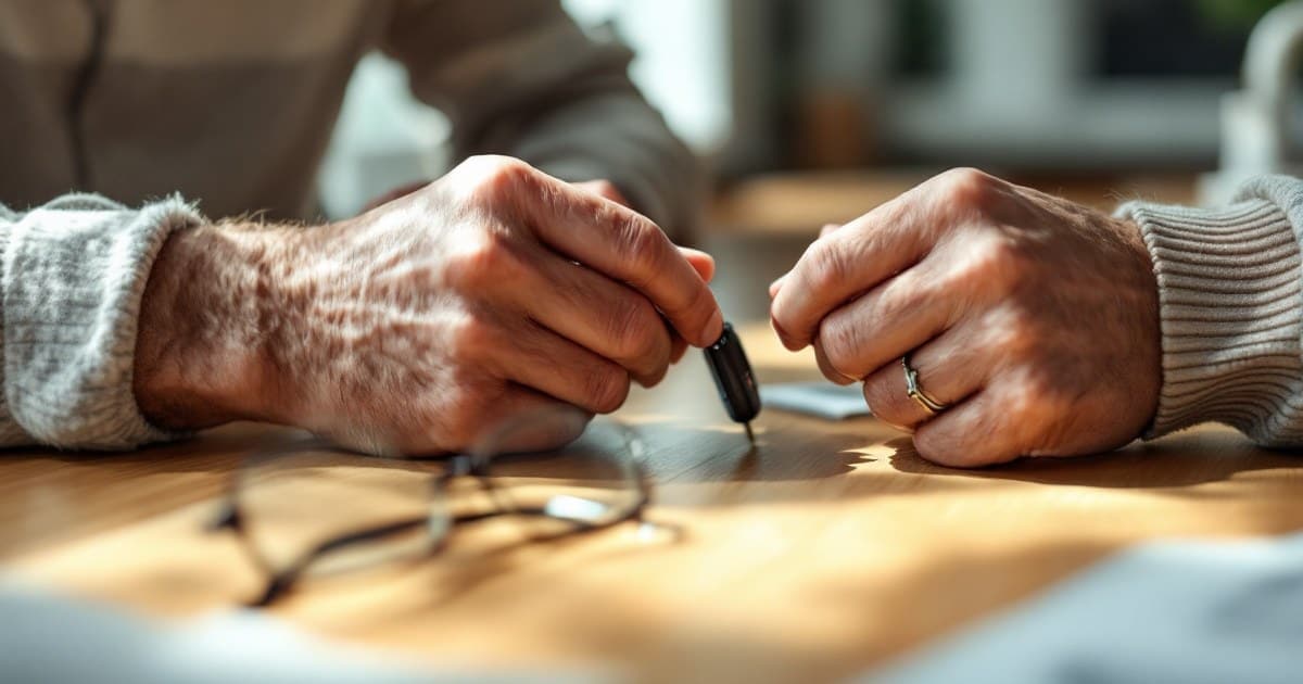 Mãos de um homem de mais idade segurando a chave do carro sobre uma mesa de madeira, com óculos ao lado