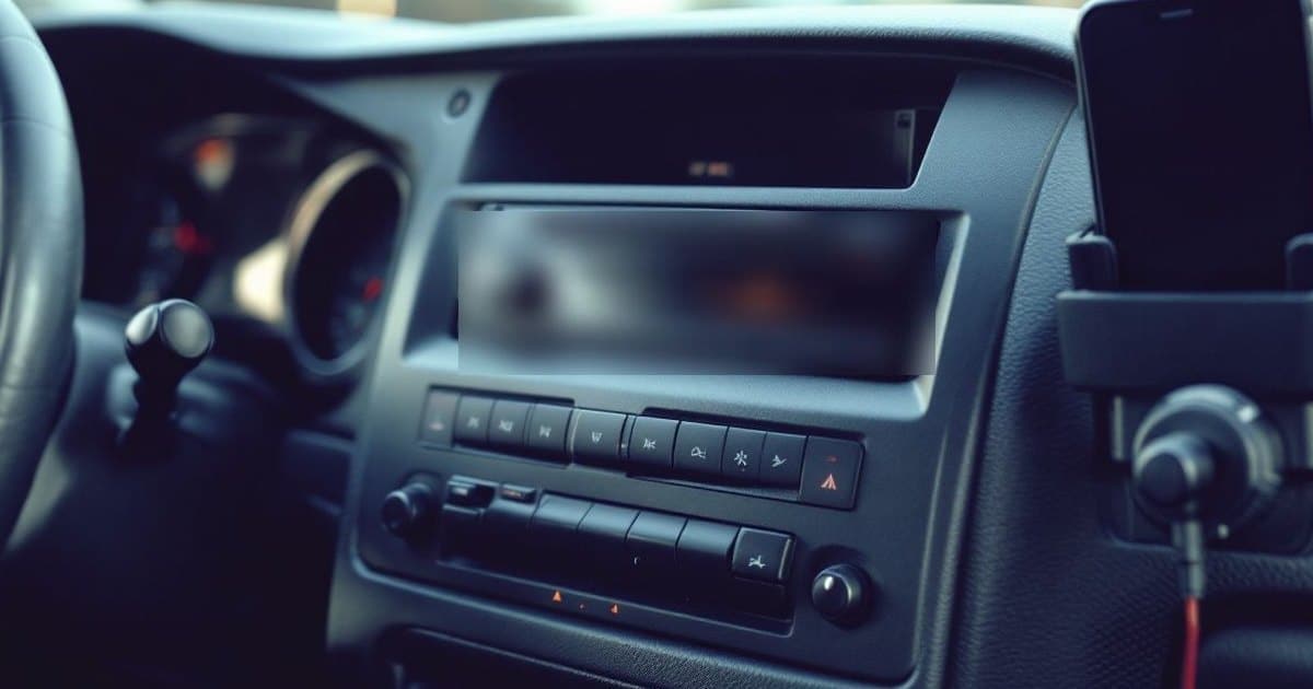 Painel de carro com um aparelho de som 1 DIN de frente lisa e botão de volume, e um celular preso num suporte ao lado