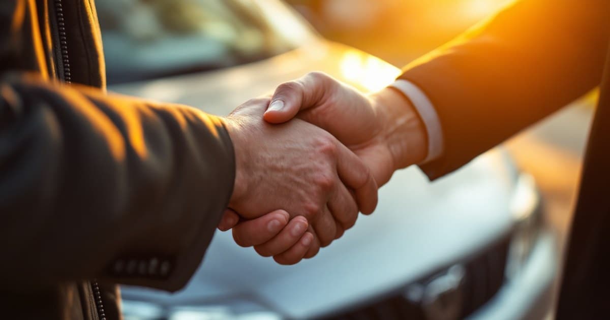 Aperto de mãos entre duas pessoas, uma entregando a chave do carro, com o capô prateado desfocado ao fundo
