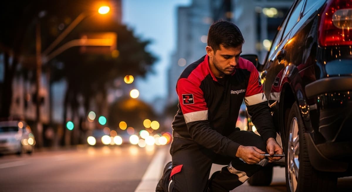 Socorrista de uniforme preto e vermelho agachado junto à roda traseira de um carro parado numa avenida de São Paulo ao anoitecer