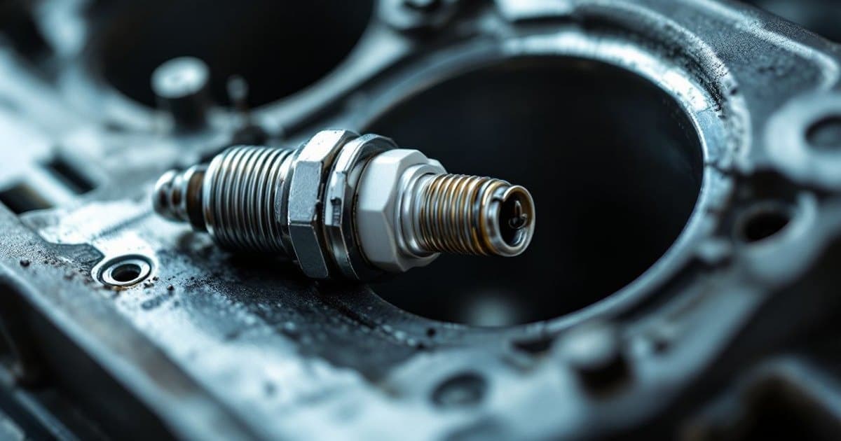 Vela de ignição sem marca deitada sobre o cabeçote de alumínio de um motor, ao lado do alojamento da vela aberto