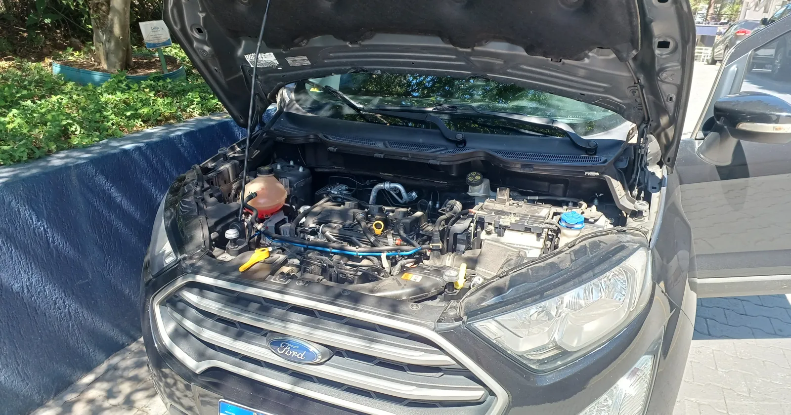 Cofre do motor de um Ford EcoSport aberto durante atendimento de bateria da Resgatou